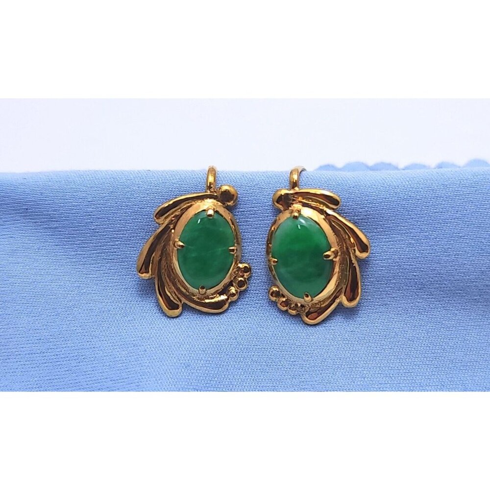 14K Yellow Gold Designer Hinged Screw Back Non-Pierced Jade Jadeite Earrings